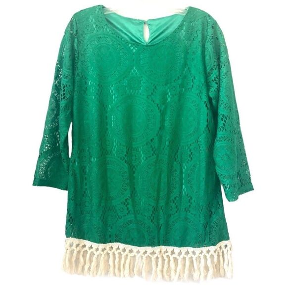 Chic Sass Boho Crotchet Trim Lace Overlay Green Blouse‎ Large - Picture 1 of 15